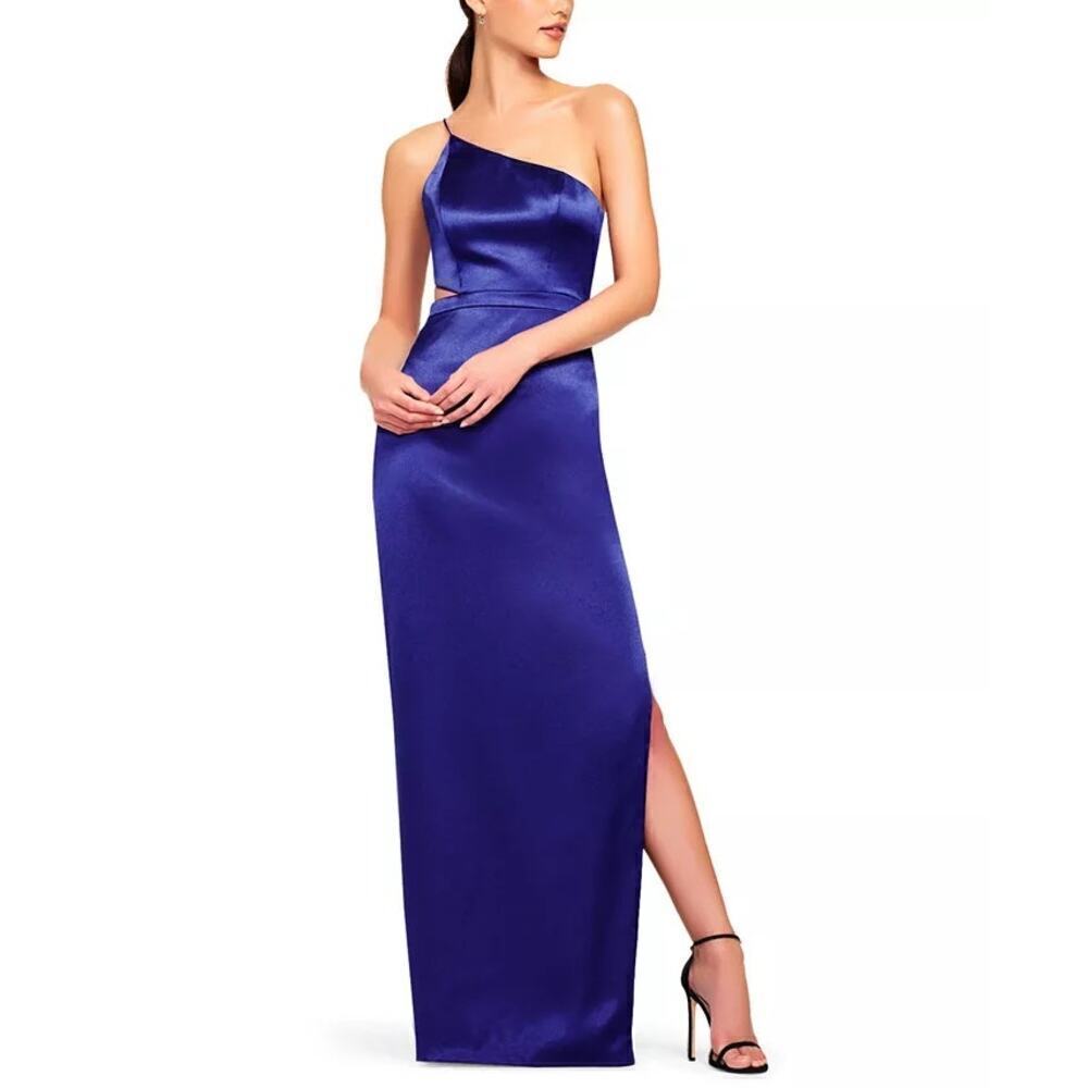 Aidan by Aidan Mattox Satin Dress One Shoulder Cutout Maxi Gown Royal Blue 2